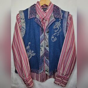 Vintage Granny Denim and Pink Striped Shirt with Embroidered Vest